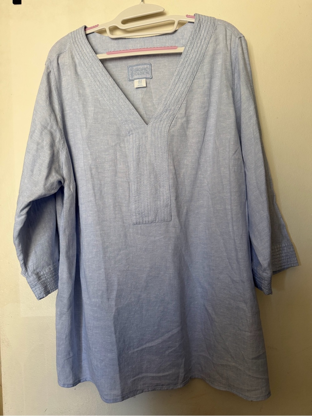 Sigrid Olsen Light Blue Linen Blend Tunic Top 1X V-Neck 3/4 Sleeve